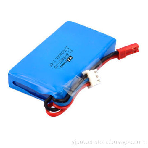 7.4V 2000mAh polymer battery pack, 803467-2S, with 16 x 34 x 67mm size and 150g weight